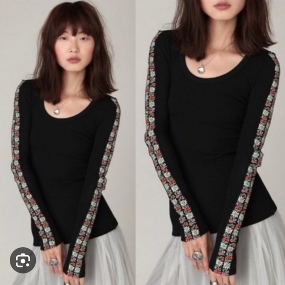 Free People Black Long Sleeve Top with Patterned Sleeves - Picture 11 of 13